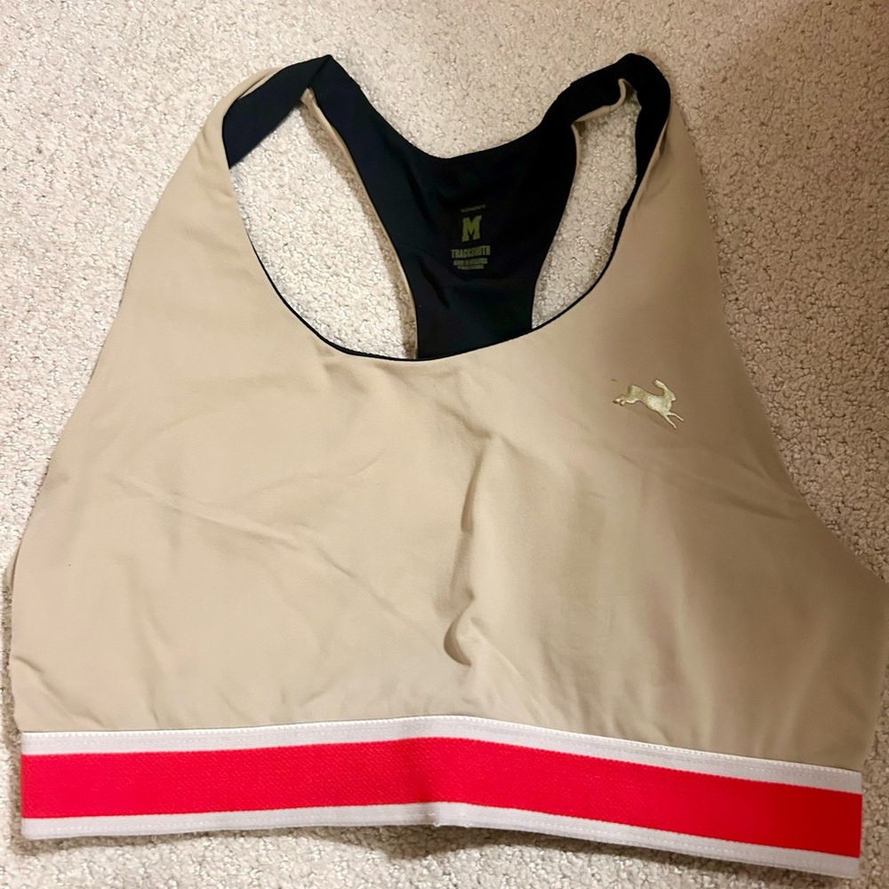 Tracksmith Tan Sports Bra with Red and White Accents